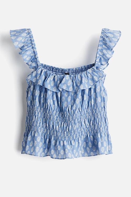 Frill-trimmed cotton top -  light blue/patterned 