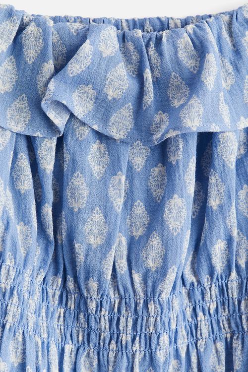 Frill-trimmed cotton top -  light blue/patterned 