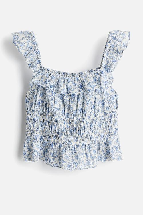 Frill-trimmed cotton top -  light blue/floral