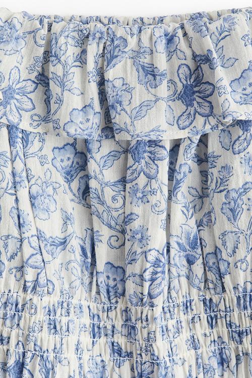 Frill-trimmed cotton top -  light blue/floral