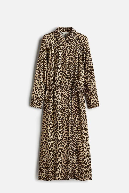 Tie-belt viscose shirt dress - light beige leopard print