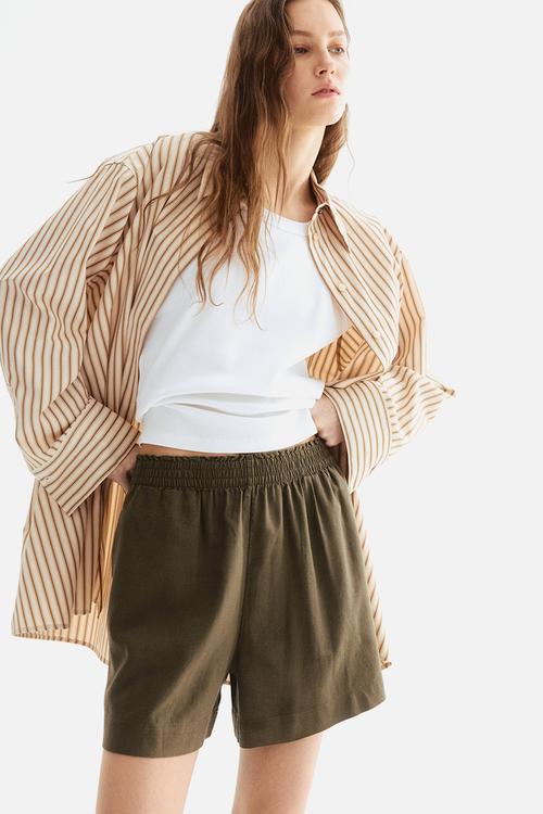 Linen-blend shorts - dark khaki green