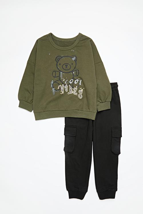 Sweat top & utility pants set - green & black
