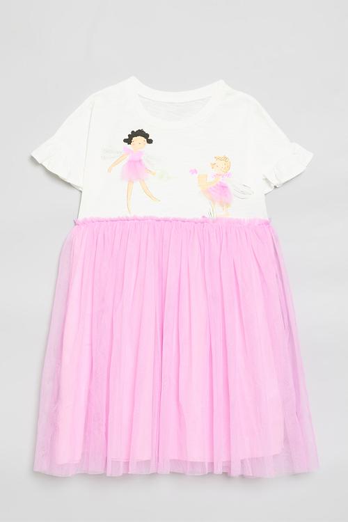 Graphic print dress with mesh overlay skirt - white/pink