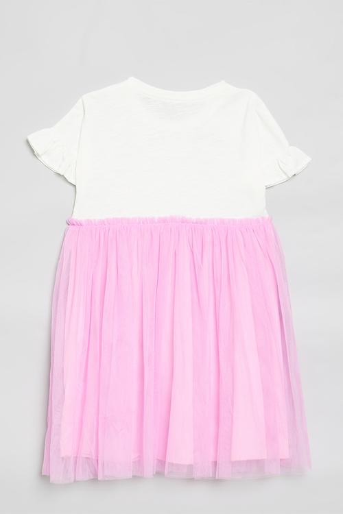 Graphic print dress with mesh overlay skirt - white/pink