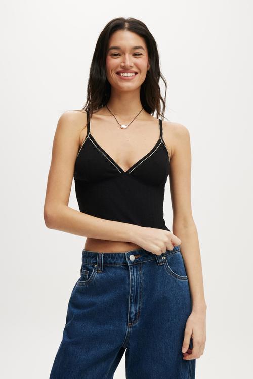 Ada v neck lace trim tank - black