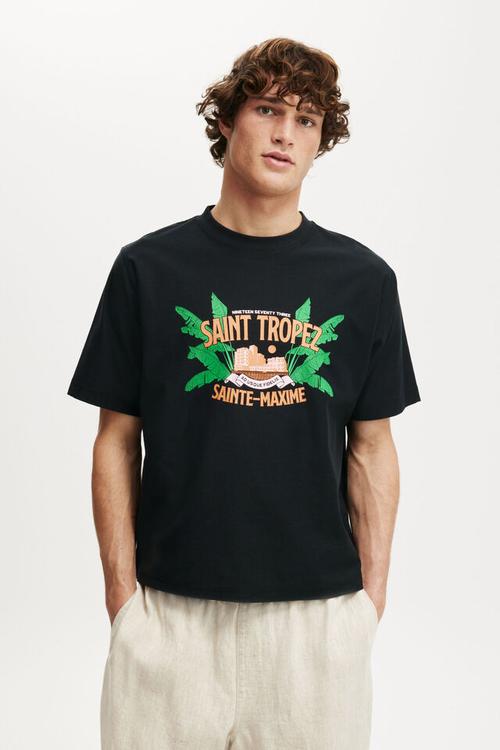 Cropped fit graphic t-shirt - black/saint tropez