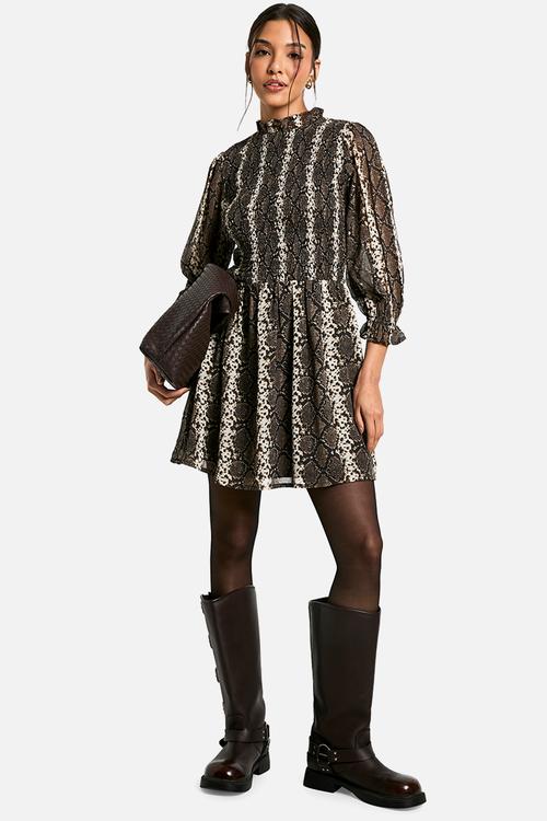 Snake shirred smock dress - brown