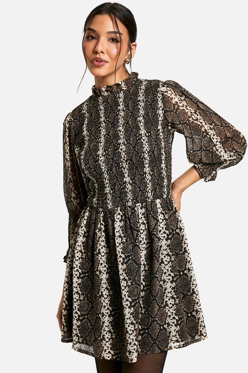 Snake shirred smock dress - brown