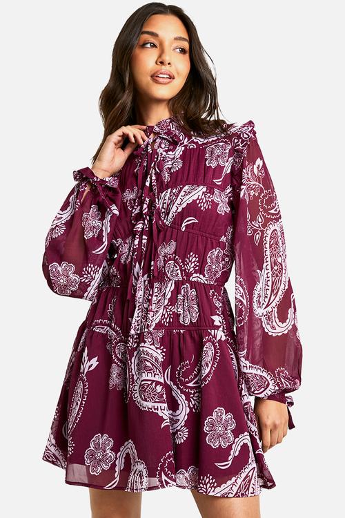 Paisley Tie Chiffon Smock Dress - Plum