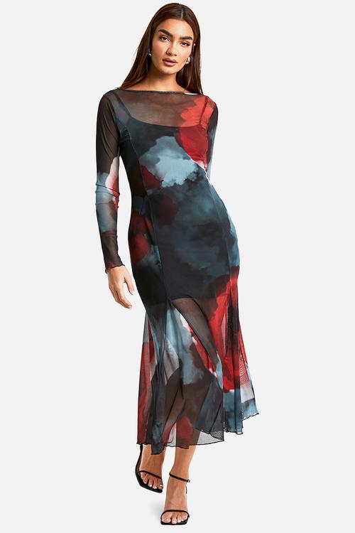 Slash neck floral mesh print godet hem midaxi dress - Multi