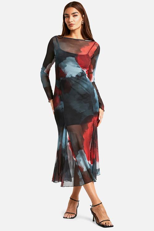 Slash neck floral mesh print godet hem midaxi dress - Multi