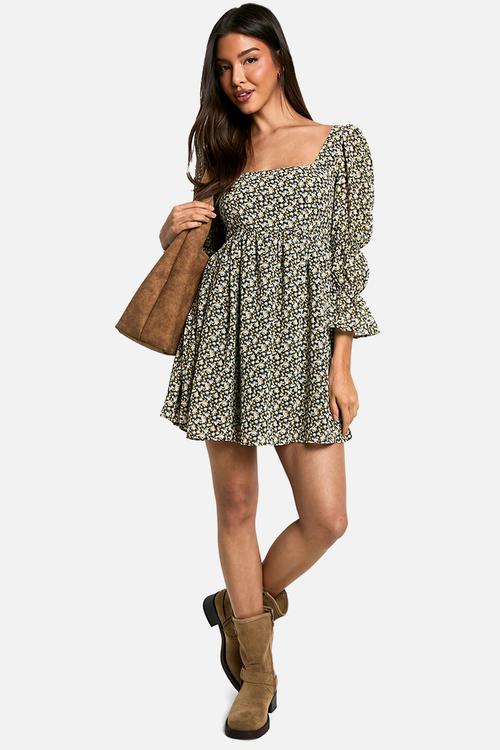Floral gathered puff sleeve smock dress - multi