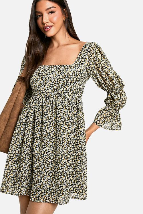 Floral gathered puff sleeve smock dress - multi