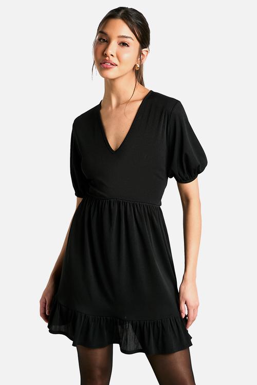 Ribbed puff sleeve v neck tiered smock dress - black