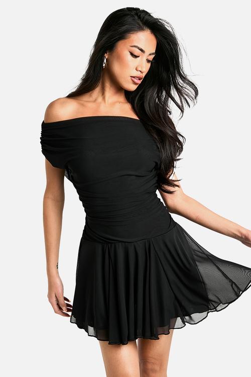 Ruched pleated hem mini dress - black