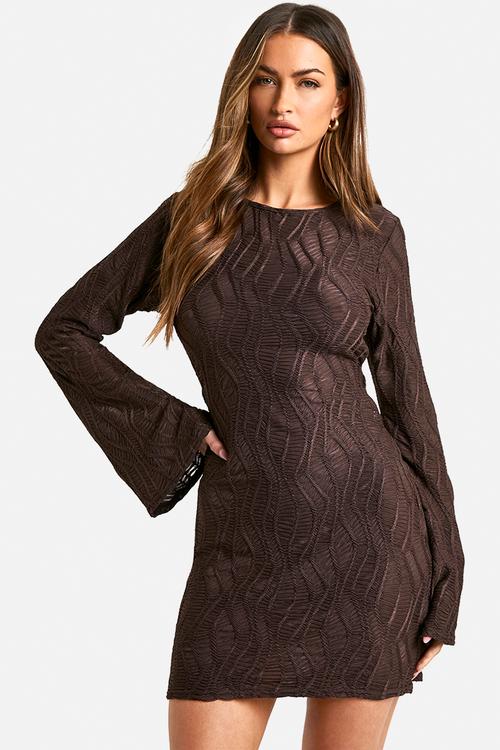 Textured flare sleeve mini dress - chocolate