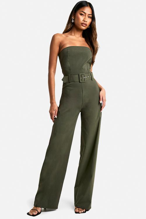 Belt trim bandeau wide leg jumpsuit - khaki