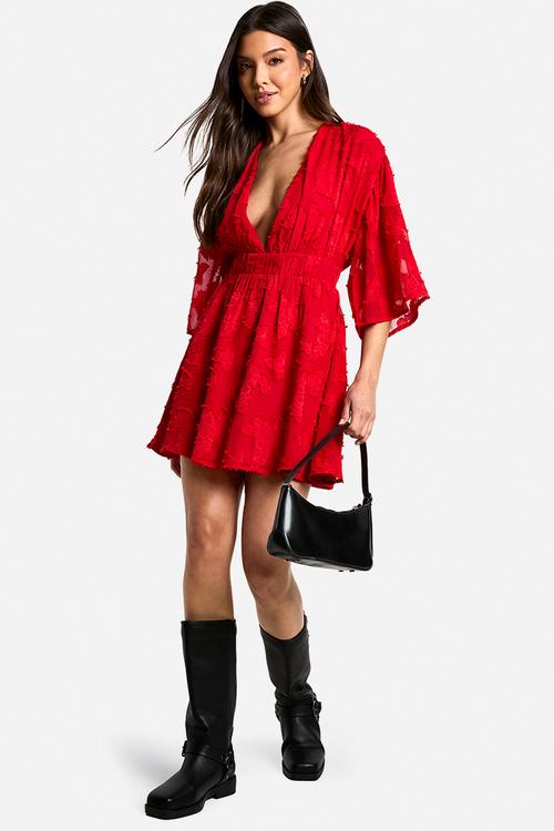 Burnout floral plunge skater dress - red