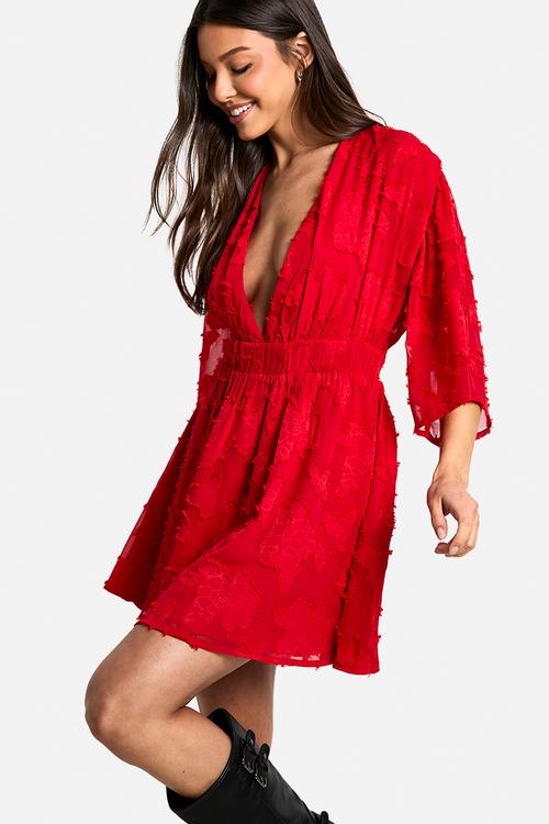 Burnout floral plunge skater dress - red