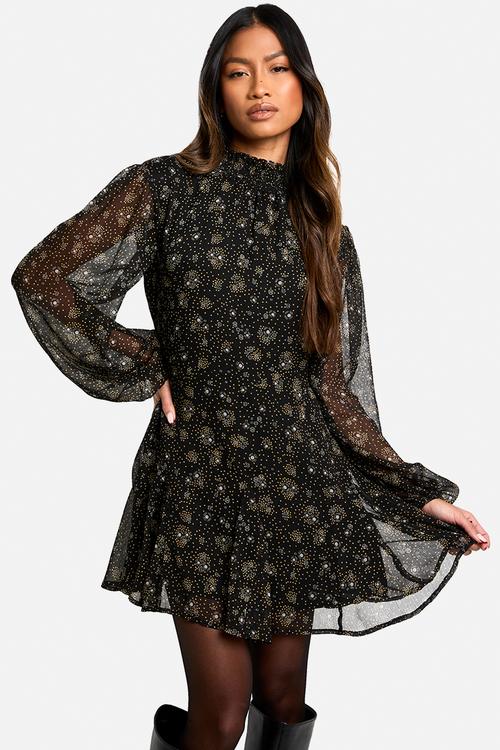 Ditsy Floral Chiffon High Neck Skater Dress - Black