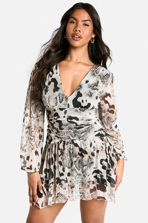 Printed animal mesh ruched waist mini dress - multi