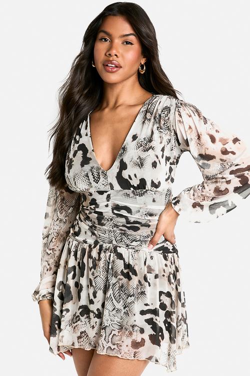 Printed animal mesh ruched waist mini dress - multi