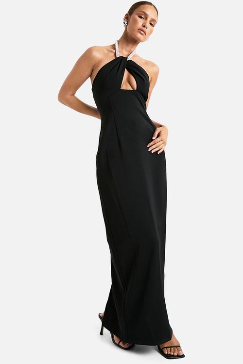 Diamante trim halterneck maxi dress - black