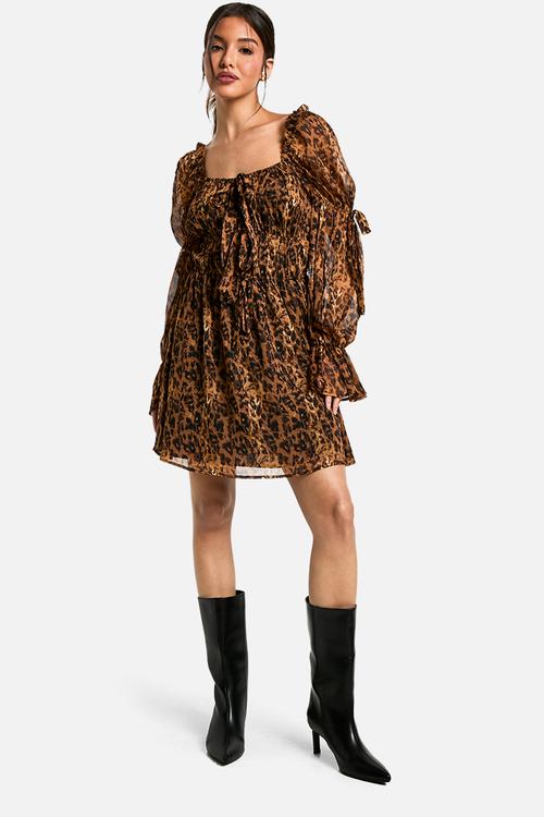 Leopard chiffon milkmaid mini dress - brown