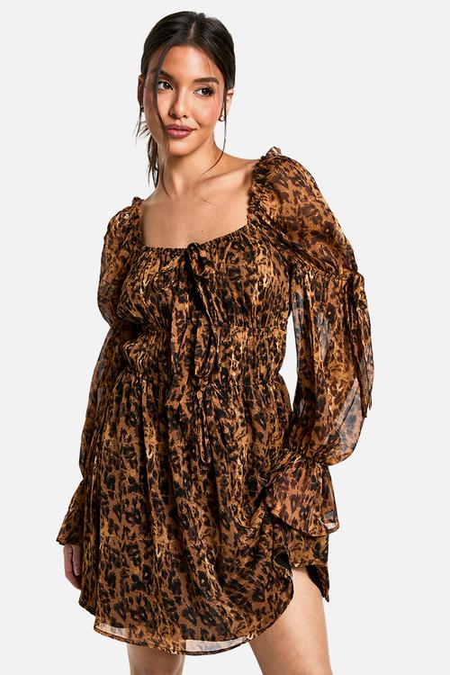 Leopard chiffon milkmaid mini dress - brown