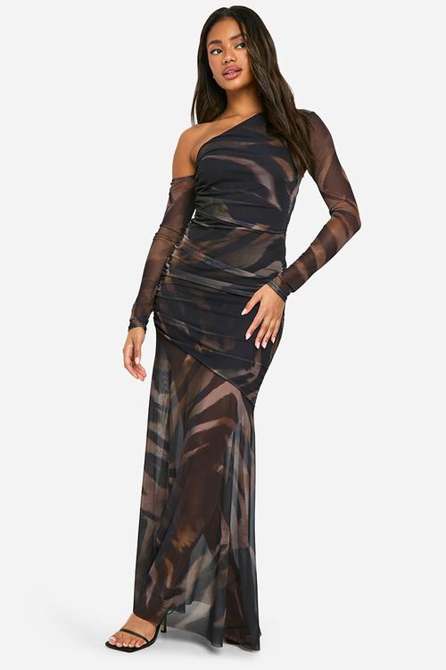 Printed mesh asymmetric long sleeve maxi dress - black