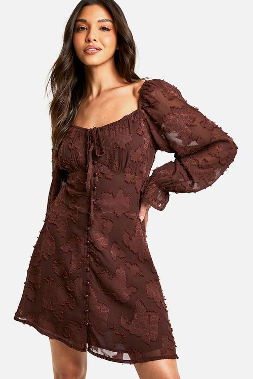 Tie detail burnout long sleeve mini dress - choc