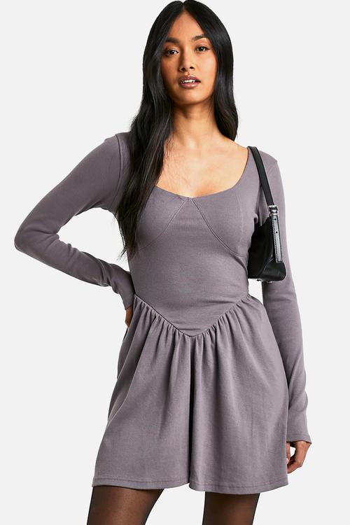 Rib Dropped Hem Smock Dress - Grey