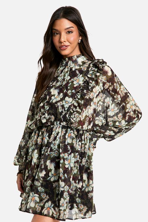 Floral Print Chiffon Long Sleeve Mini Dress - floral