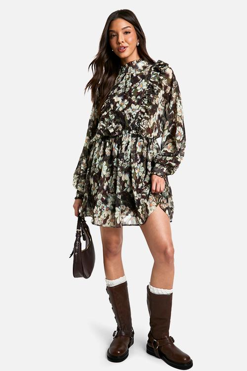 Floral Print Chiffon Long Sleeve Mini Dress - floral