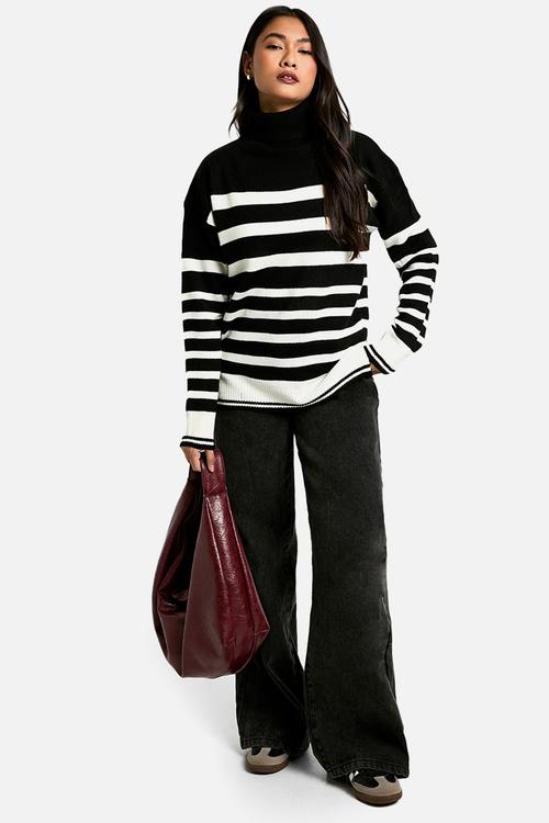 Stripe Roll Neck Jumper - black
