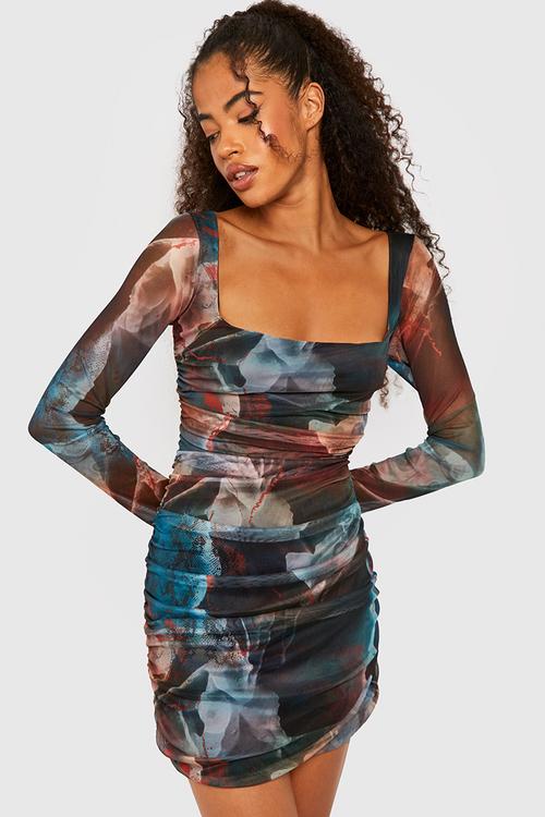 Abstract square neck ruched mesh bodycon dress - multi