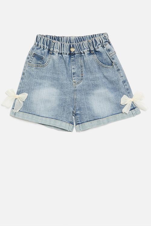 Cuffed denim shorts with organza bows - blue
