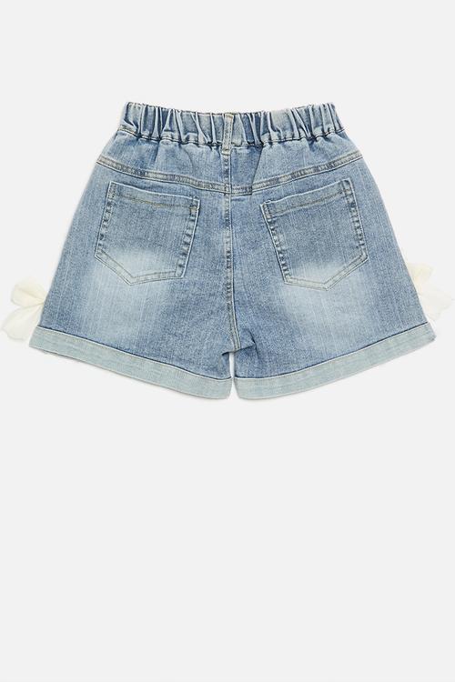 Cuffed denim shorts with organza bows - blue