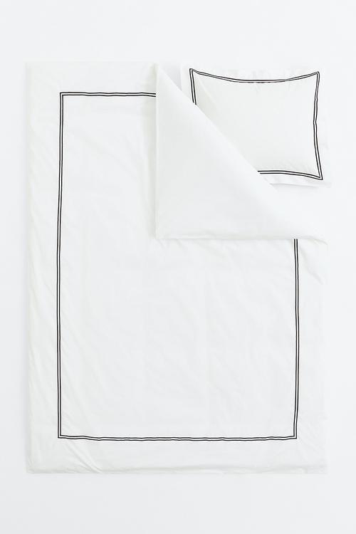 Cotton percale single duvet cover set - white & black 