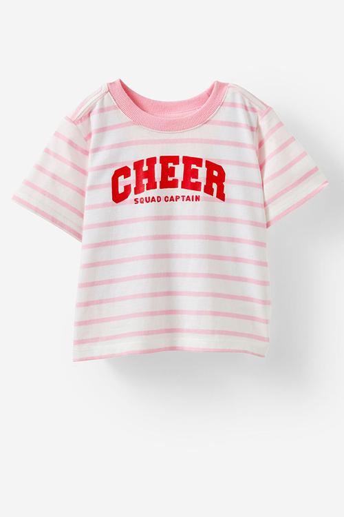 Jamie short sleeve graphic print tee - vanilla/blush pink stripe cheer squad