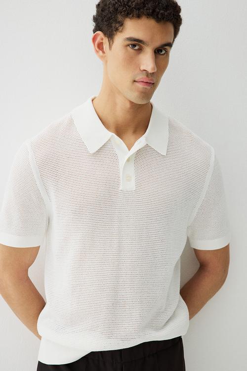 Regular fit cable knit polo jumper - cream - 1296602001
