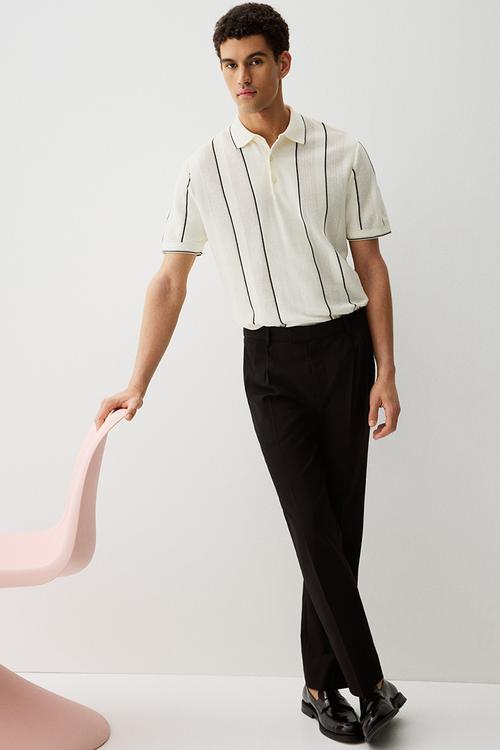 Regular fit pointelle-knit polo shirt - cream striped