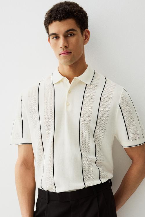 Regular fit pointelle-knit polo shirt - cream striped