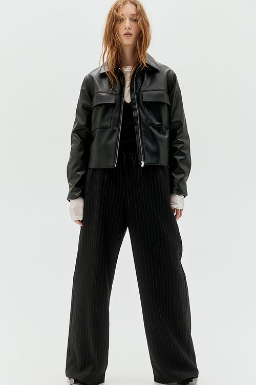 Twill drawstring trousers - black pinstriped
