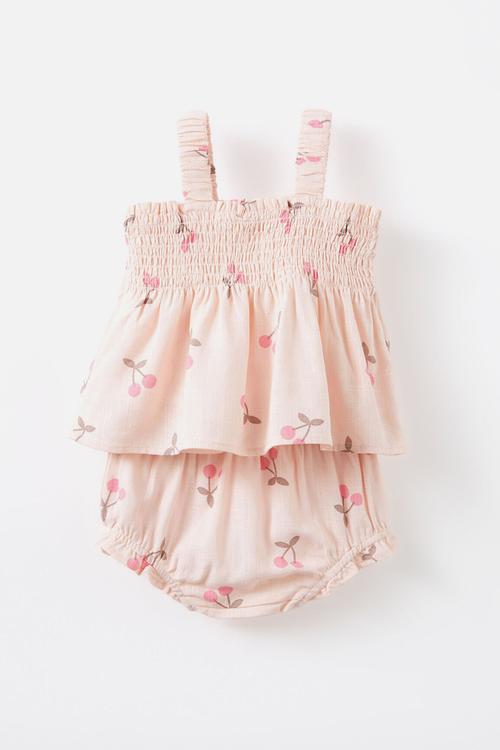 Gigi shirred top and bloomer set - pink pearl/summer cherries