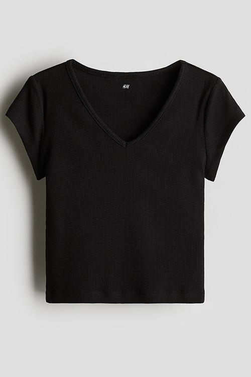 Ribbed cotton jersey top - black