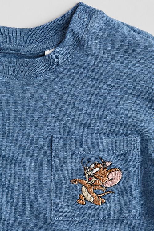 Patch-pocket cotton t-shirt - dusty blue tom and jerry