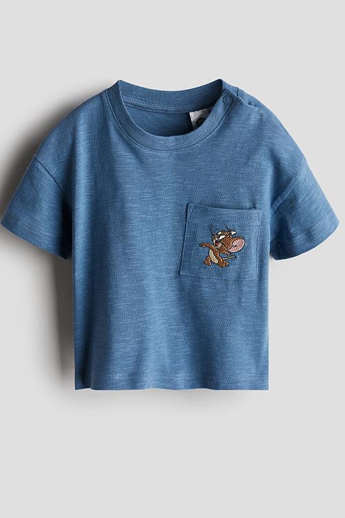 Patch-pocket cotton t-shirt - dusty blue tom and jerry