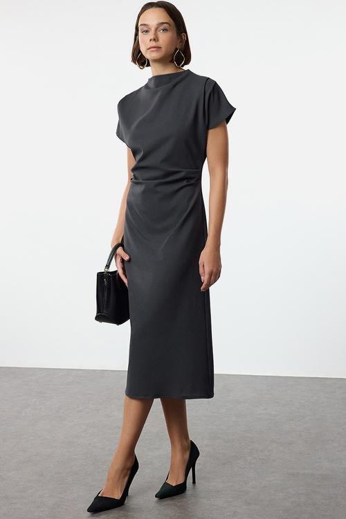 A-line cowl neck midi crepe woven dress  - anthracite